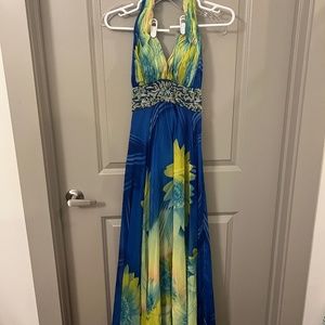 Blue and yellow floral formal gown